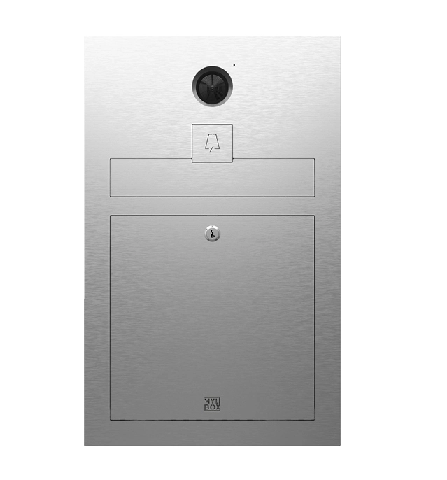 Cassetta postale personalizzabile e di design modello Loos MA17510 di Mylbox in acciaio inox, con videocitofono Hikvision incorporato.