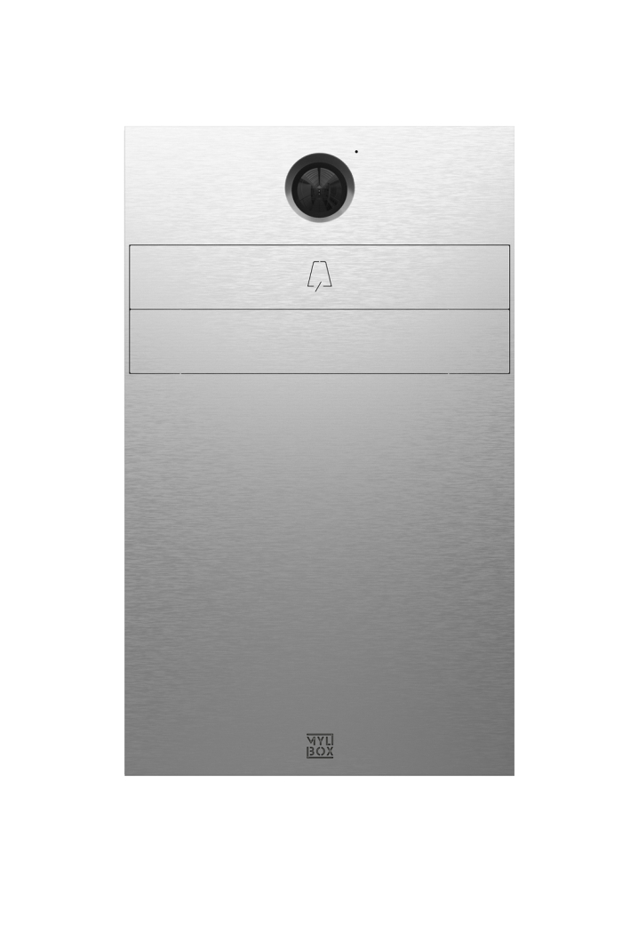 Cassetta postale a muro personalizzata in acciaio inox modello Zaha MA17620 dal design Made in Italy Mylbox con videocitofono integrato Hikvision.