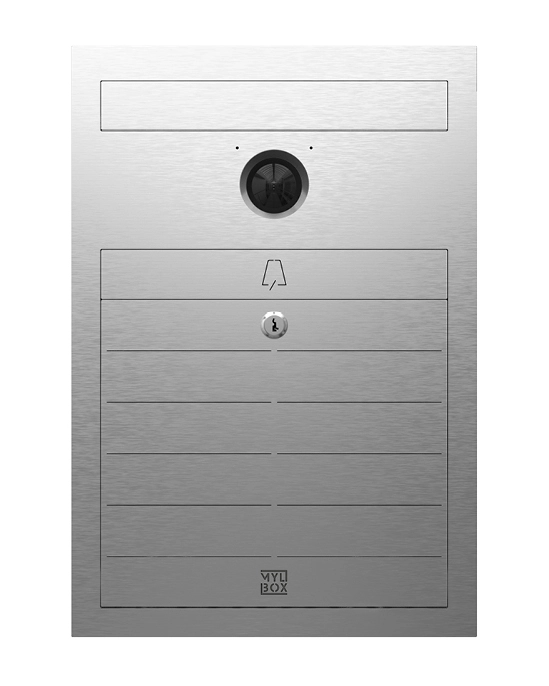 Cassetta postale a incasso filo muro di design Gehry MA17710 realizzata da Mylbox con citofono con telecamera, compatibile con videocitofono Vimar.