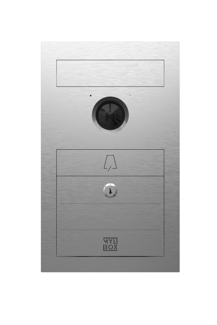 Cassetta postale da esterno in acciao inox con videocitofono Gio MA17810, design Mylbox e compatibile con videocitofoni Elvox.