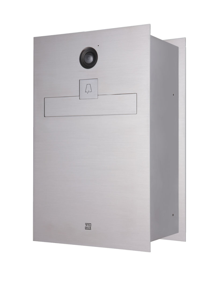Inquadratura cassetta postale ad apertura posteriore in acciaio inox con videocitofono Piano MA17520 di Mylbox, compatibile con videocitofono Urmet.