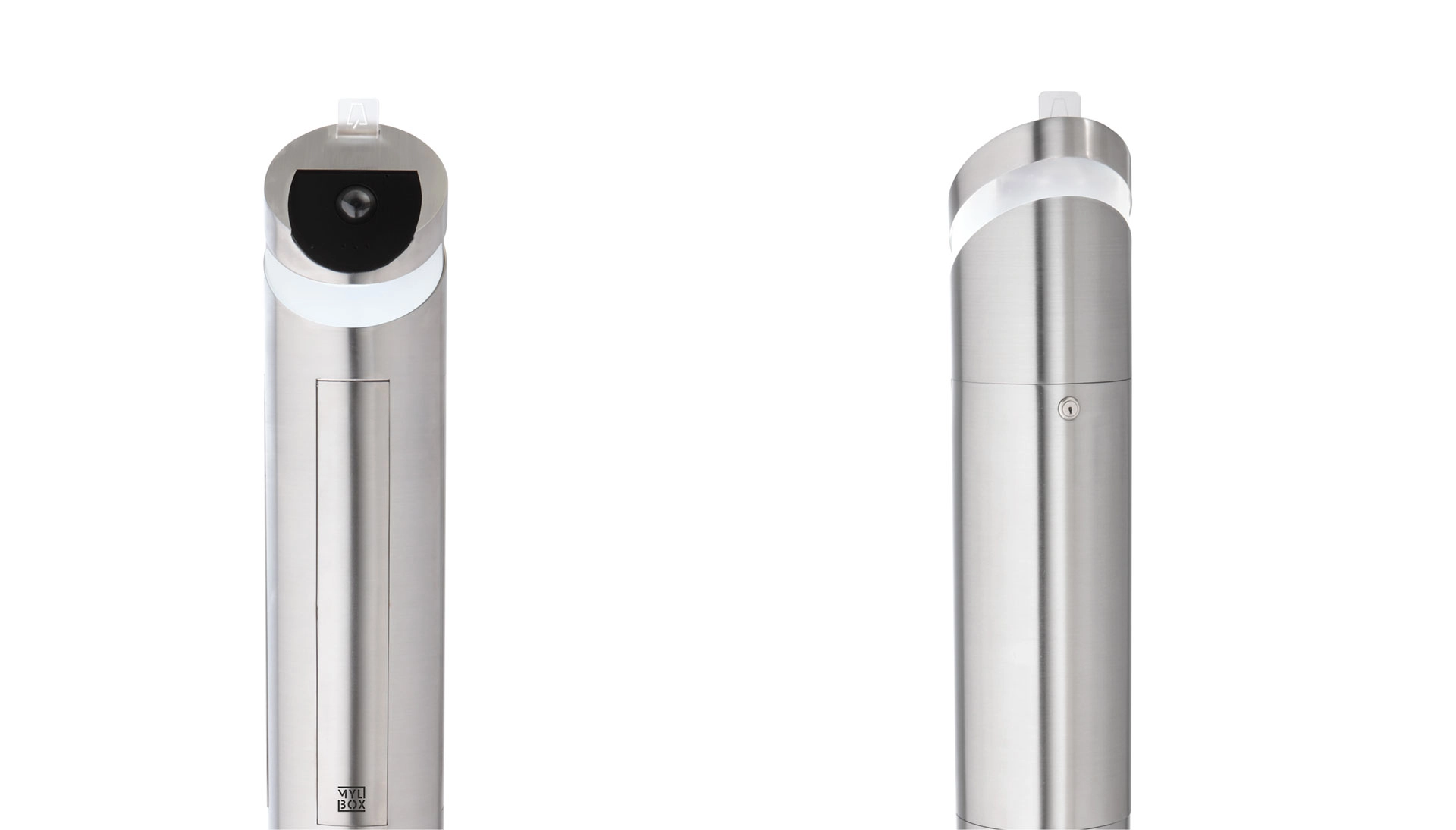 Particolari videocitofono Hikvision e apertura posteriore cassetta posta del sistema freestanding Mies MA17220 realizzato da Mylbox.