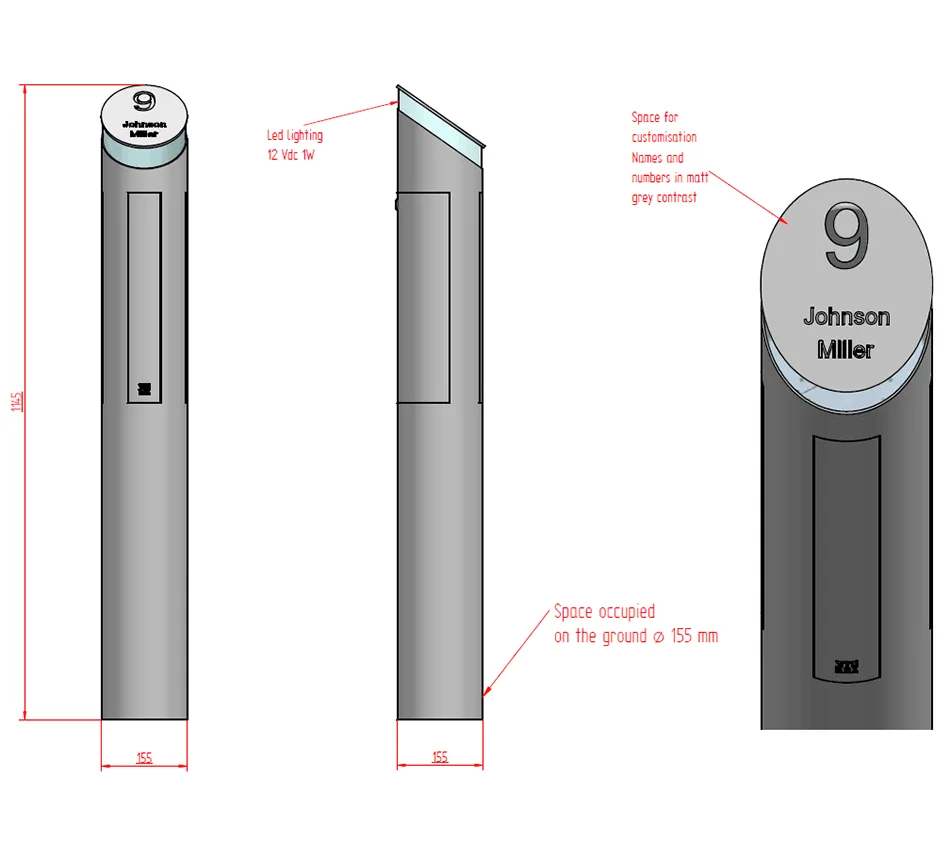 Technical specifications and dimensions for the Aalto MA17210 freestanding system, featuring the Mylbox mailbox and lighting system.