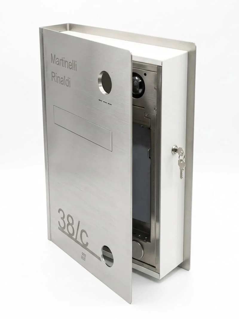 Cassetta postale a forma di libro ad apertura frontale in acciaio inox Mylbox e con installazione a parete, modello Philippe MA18310 compatibile con videocitofono Vimar.