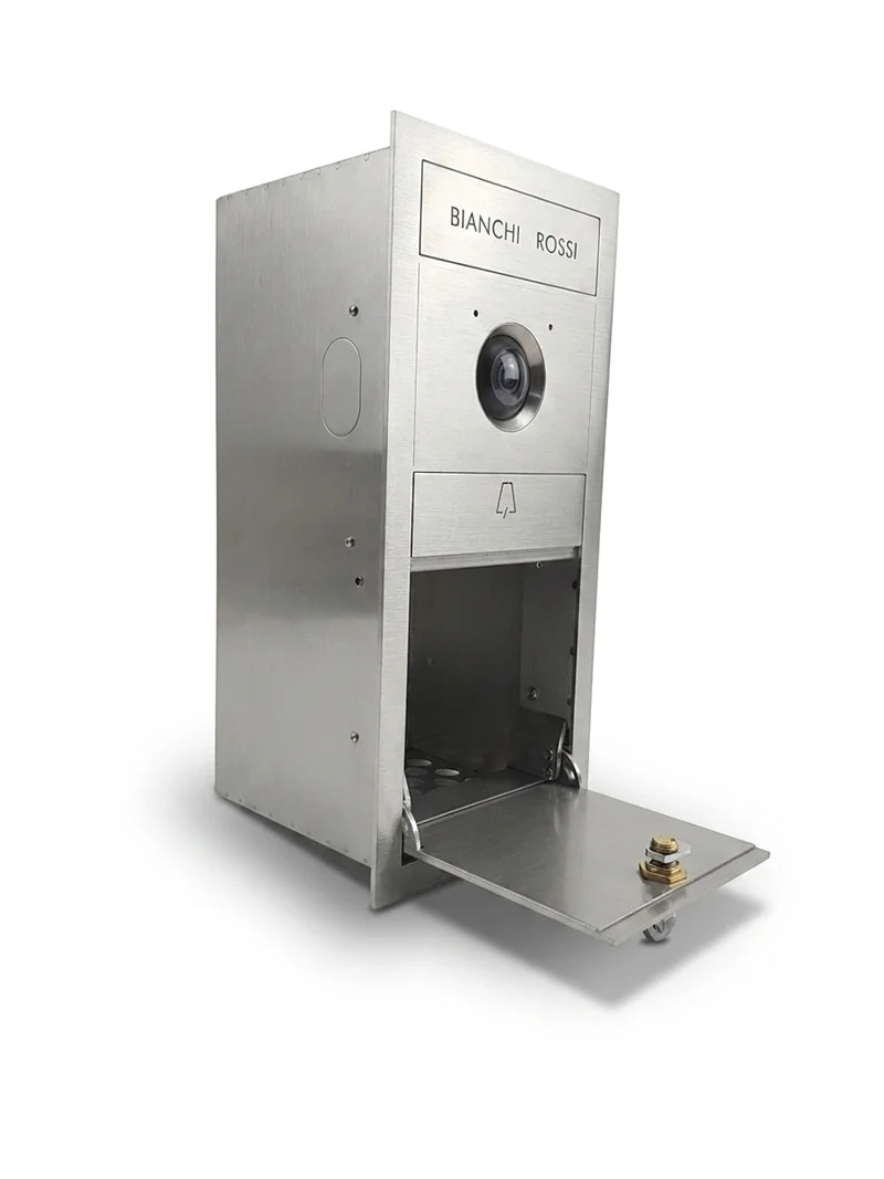 Apertura frontale cassetta postale in acciaio inox con videocitofono Ole MA18910 e dal design Mylbox particolare, compatibile con videocitofono Bticino.