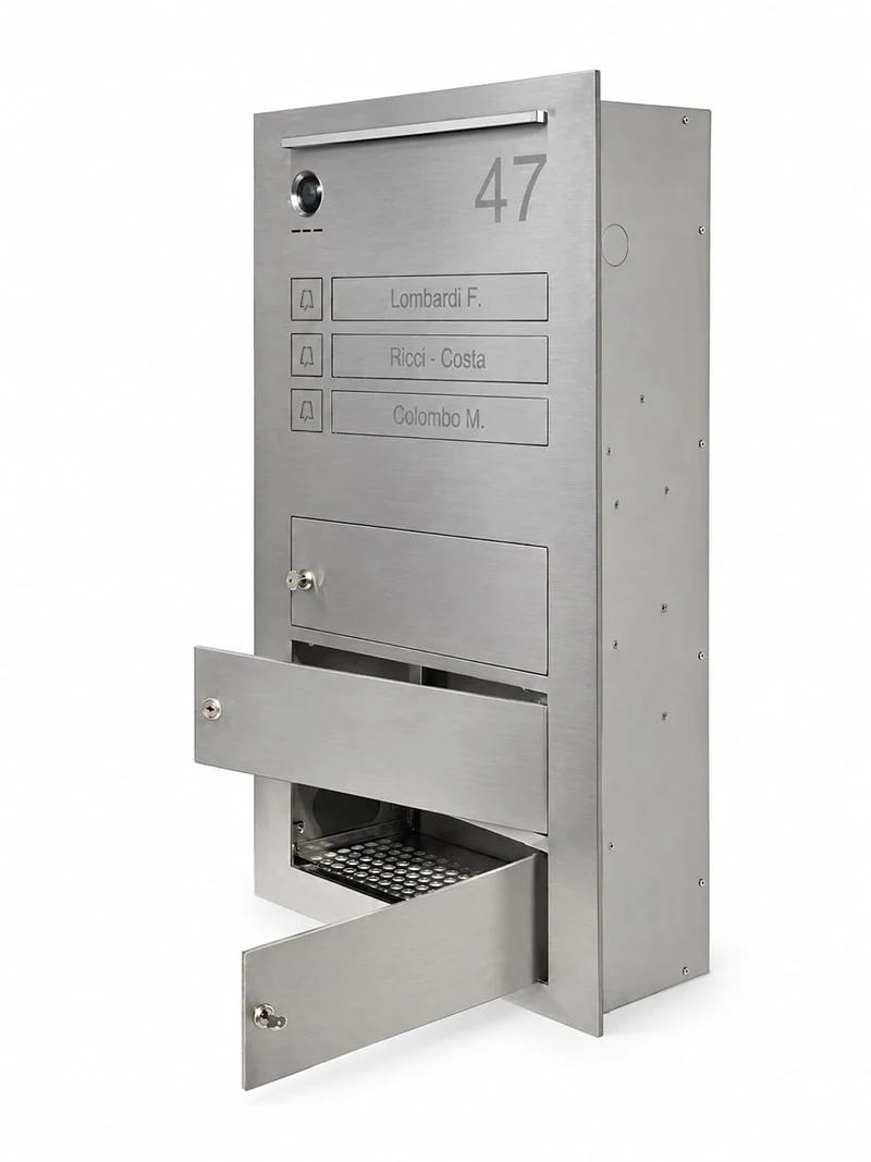 Three-quarter view of Tadao condominium mailbox for 3 apartments in stainless steel by Mylbox, with front opening and compatible with Urmet video intercom.