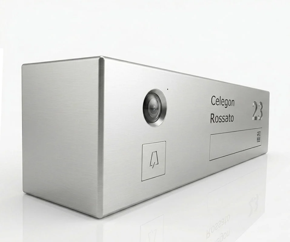 Cassetta postale personalizzata a incasso in acciaio inox con videocitofono Loos MA17510 Mylbox, compatibile con videocitofono Comelit.