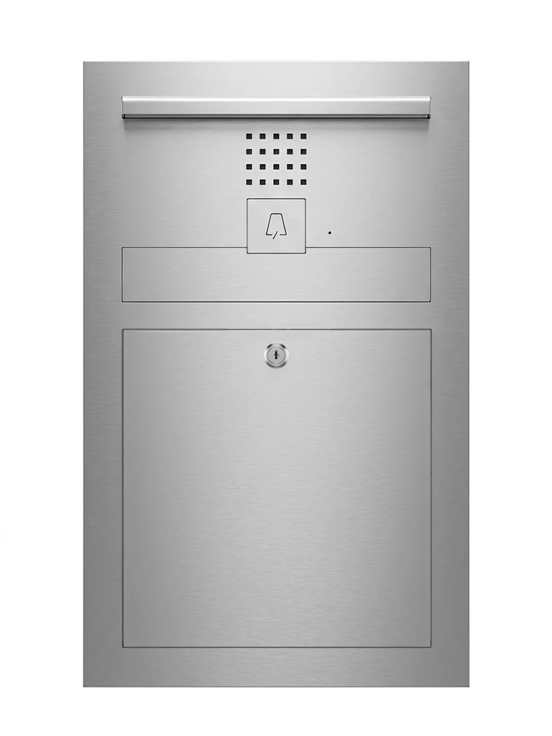 Cassetta posta da esterno in acciaio inox con campanello e illuminazione a LED integrati, modello Kengo MA 18410 con citofono Bticino dal design premium originale Mylbox.