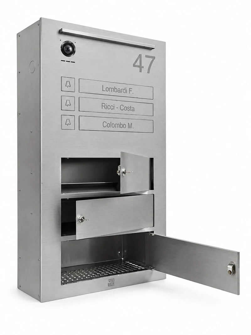 Letterbox for 3 apartments with integrated video intercom and LED strip, model Tadao MA18210 by Mylbox, compatible with Comelit video intercom systems.