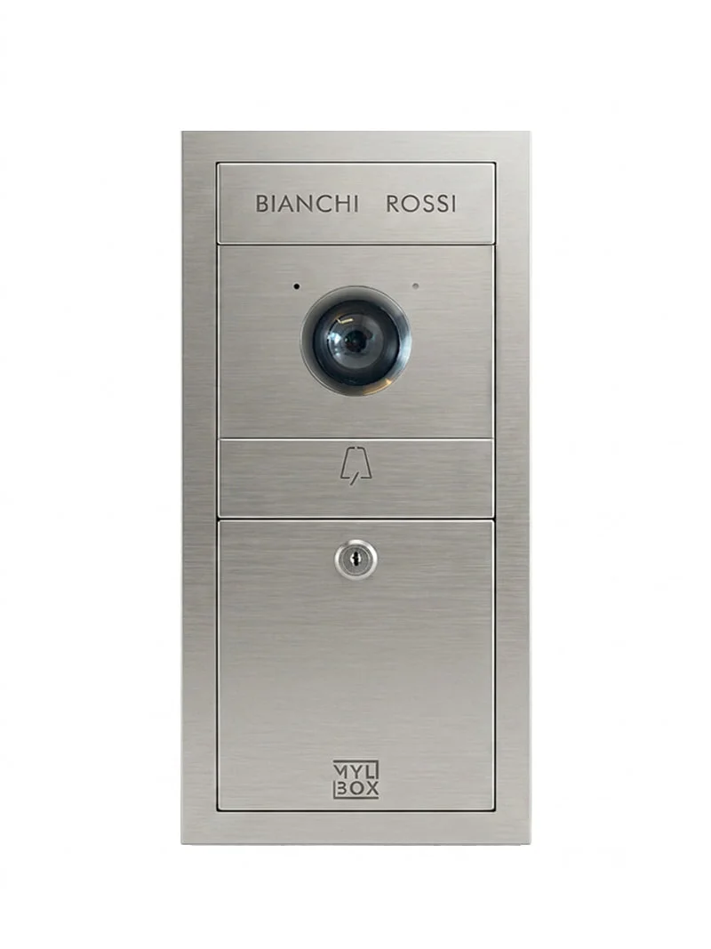 Cassetta postale compatta di design con videocitofono integrato Hikvision, modello Ole MA18910 progettata da Mylbox, da esterno e con installazione a incasso.