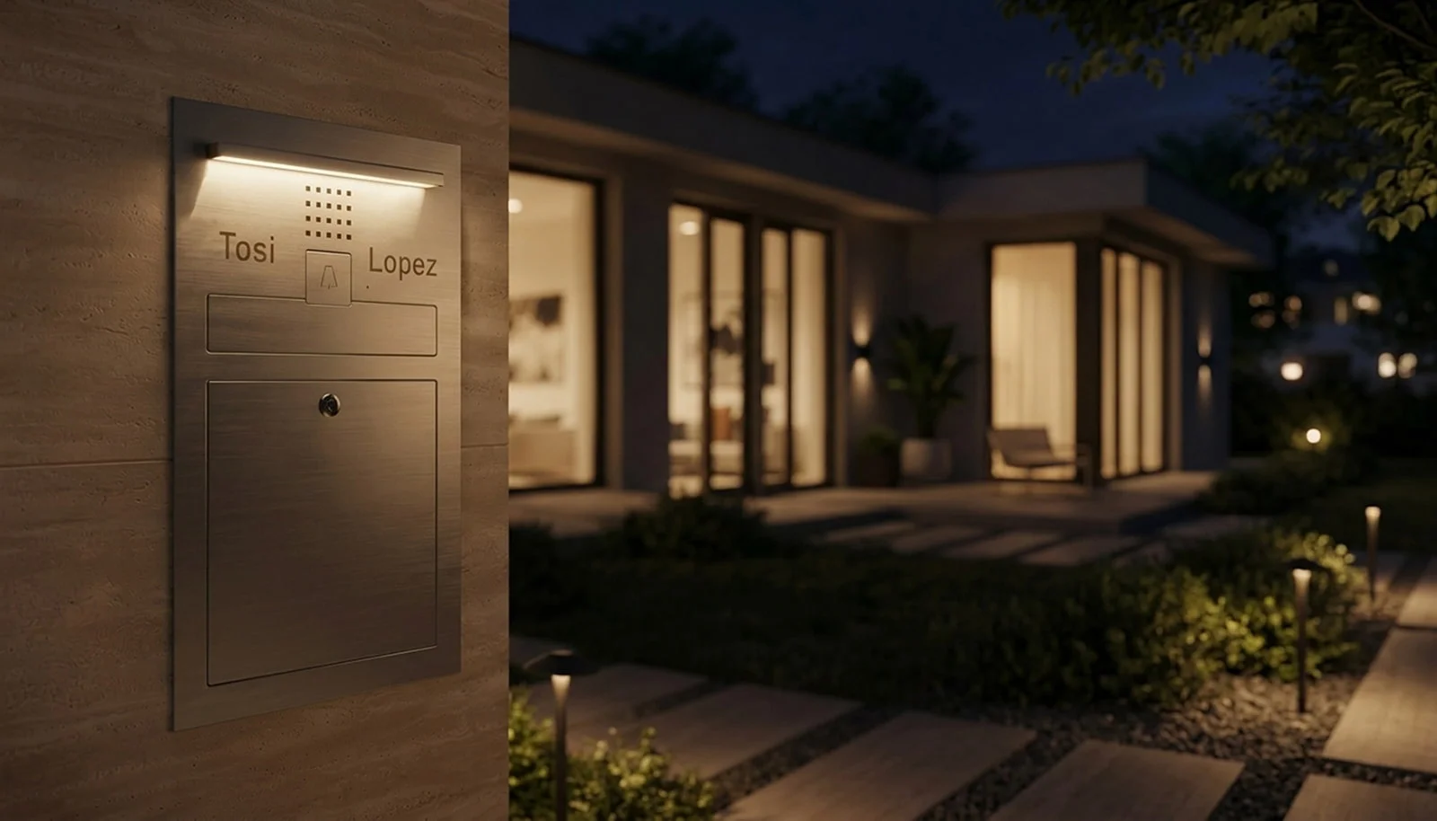 Custom stainless steel mailbox, Kengo model, with integrated intercom and LED lighting, shown in a residential setting at night.