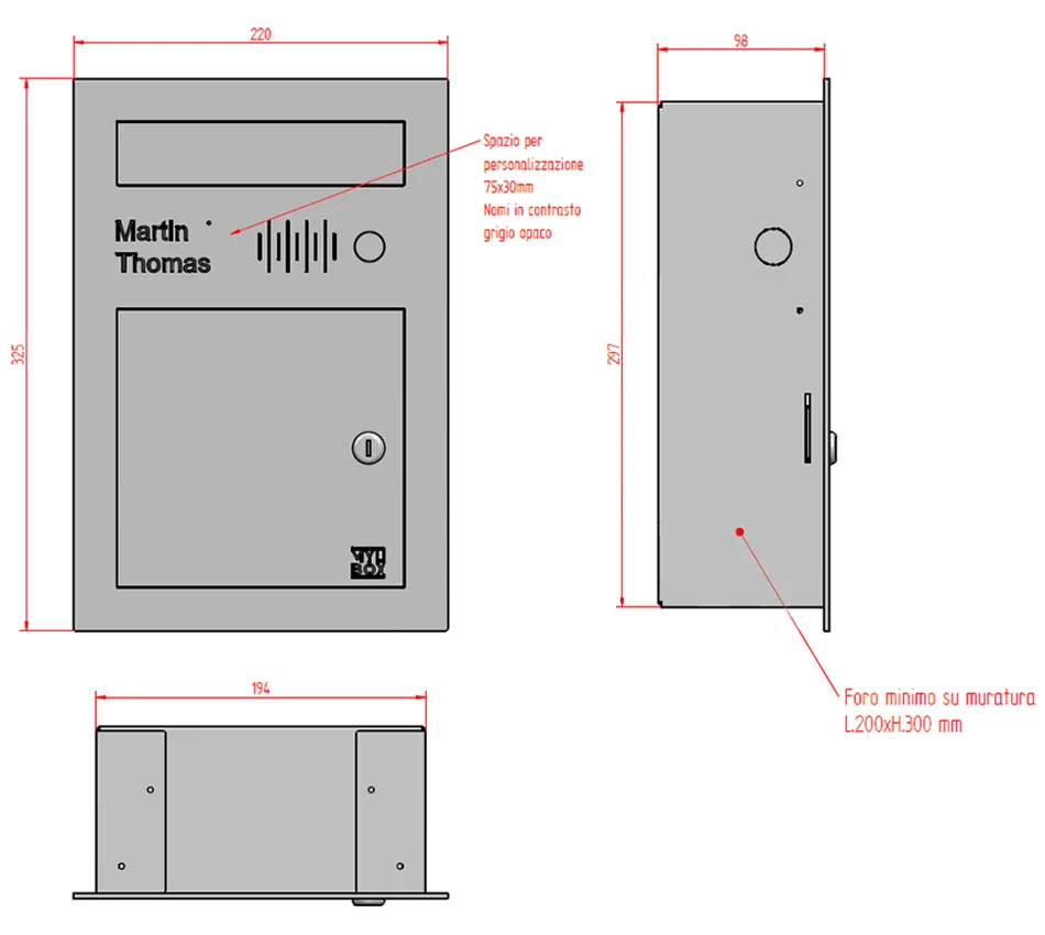 Scheda tecnica e dimensioni citofono di design in acciaio inox Norman MA18010 progettato da Mylbox.