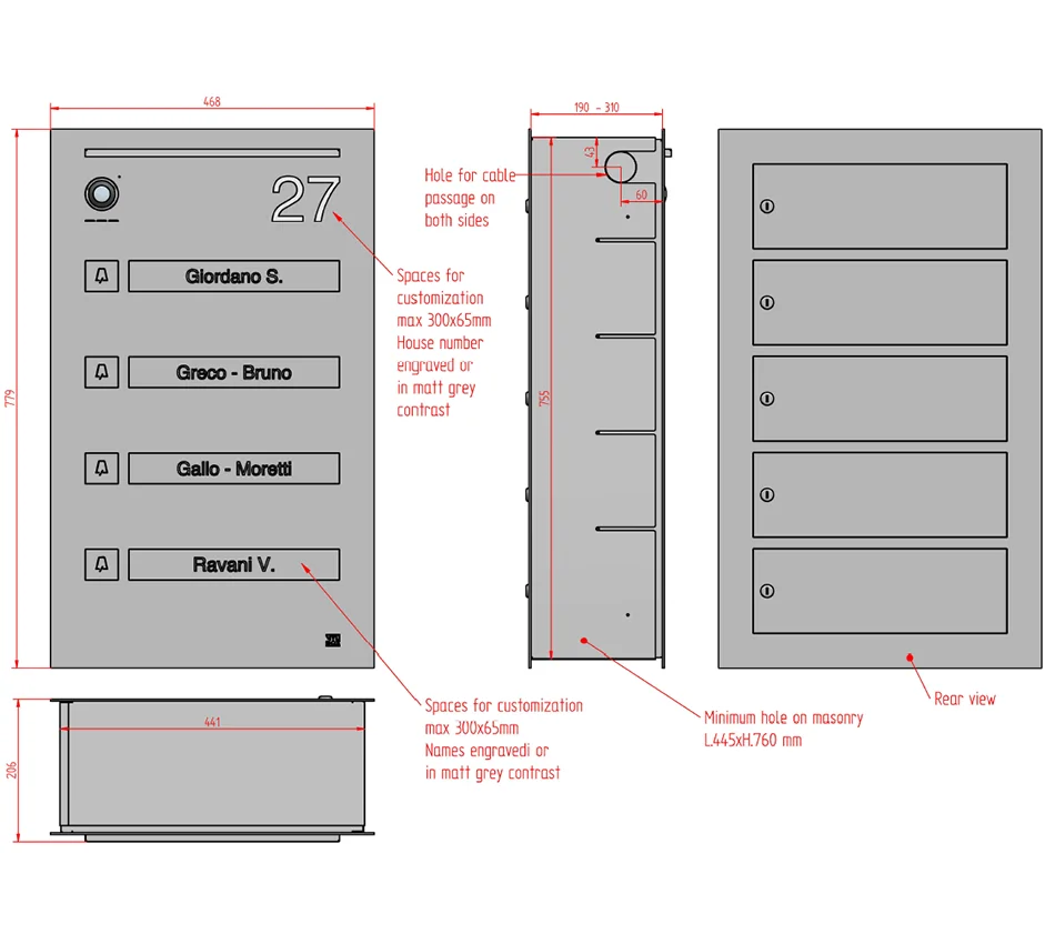 Technical data sheet and measurements for Mylbox design stainless steel outdoor and built-in mailbox, with video intercom for condominiums David MA18610.