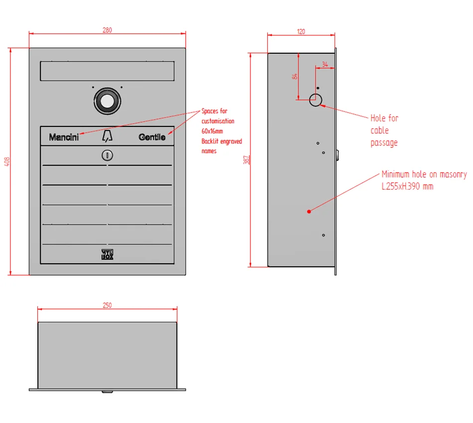 Technical specifications and dimensions for the Gehry MA17710 designer stainless steel mailbox with video intercom by Mylbox.