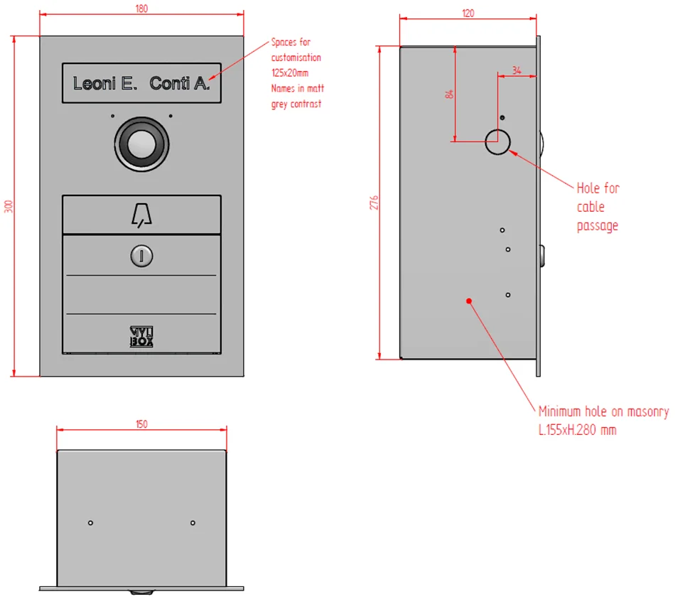 Technical specifications and dimensions of Gio MA17810 stainless steel mailbox with video intercom designed by Mylbox.