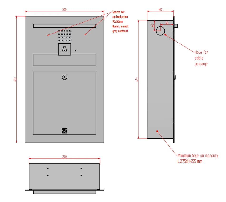 Technical specifications and dimensions for the Mylbox modern stainless steel front-opening mailbox, model Kengo MA18410, featuring a doorbell and lighting.