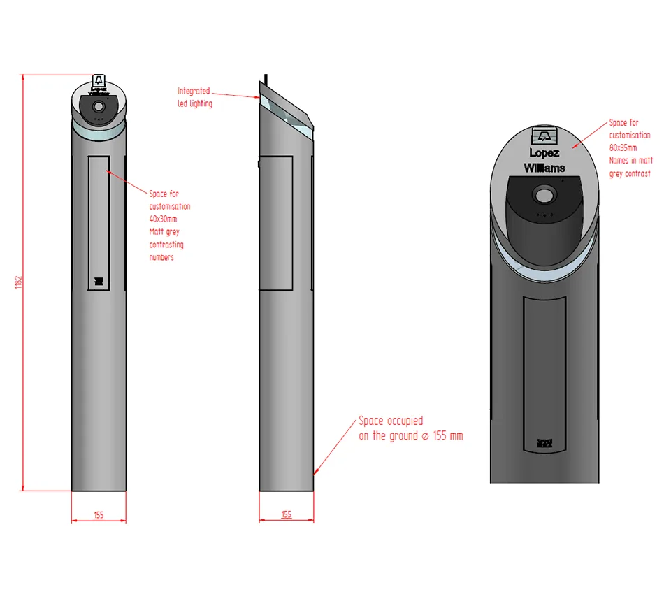 Technical specifications and dimensions for the Mies MA17220 freestanding system, integrating a Mylbox mailbox, video intercom, and lighting system.