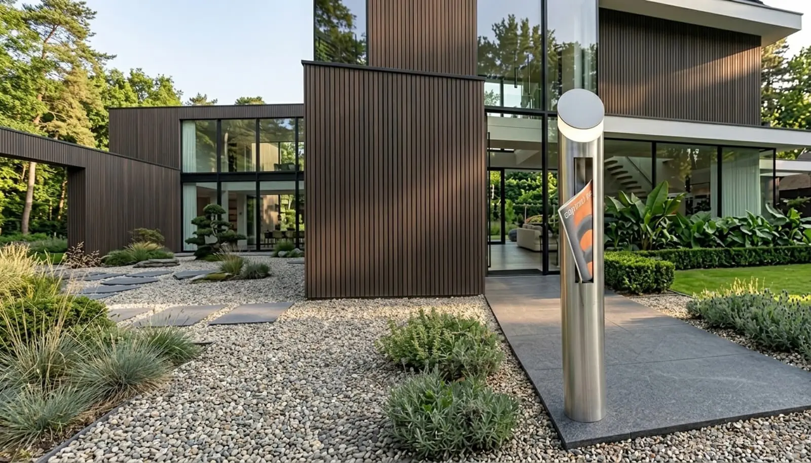 Mylbox-design freestanding mailbox, Aalto model with integrated lighting, in an outdoor entrance with a garden.