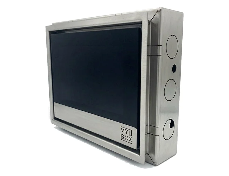 Monitor da incasso filo muro Mylbox touchscreen da 7” per interni videocitofono Hikvision con rivestimento in acciaio inox.