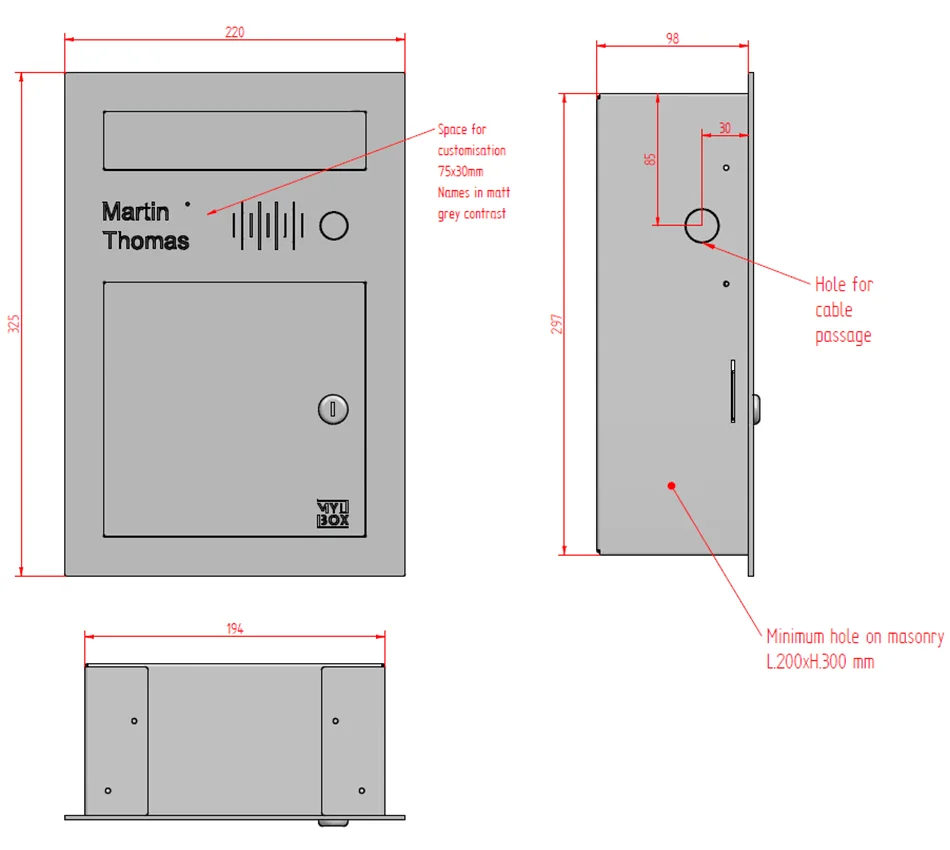 Technical specifications and dimensions of the Norman MA18010 stainless steel design intercom, designed by Mylbox.