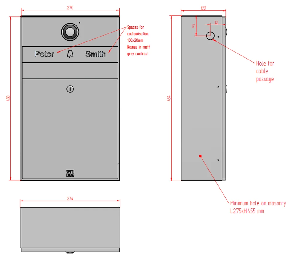 Technical specifications and dimensions of the Nouvel MA17610 designer stainless steel mailbox with video intercom by Mylbox.