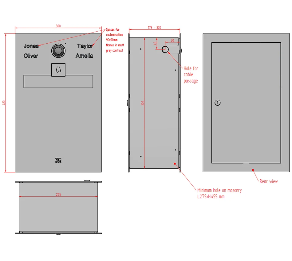 Technical specifications and dimensions of the Piano MA17520 designer stainless steel mailbox with video intercom by Mylbox.