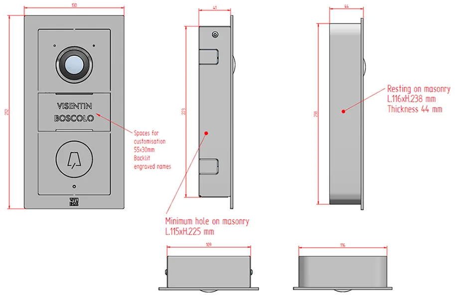 Technical specifications and dimensions for the Saarinen MA17910 and MA17920 stainless steel designer video intercom by Mylbox.