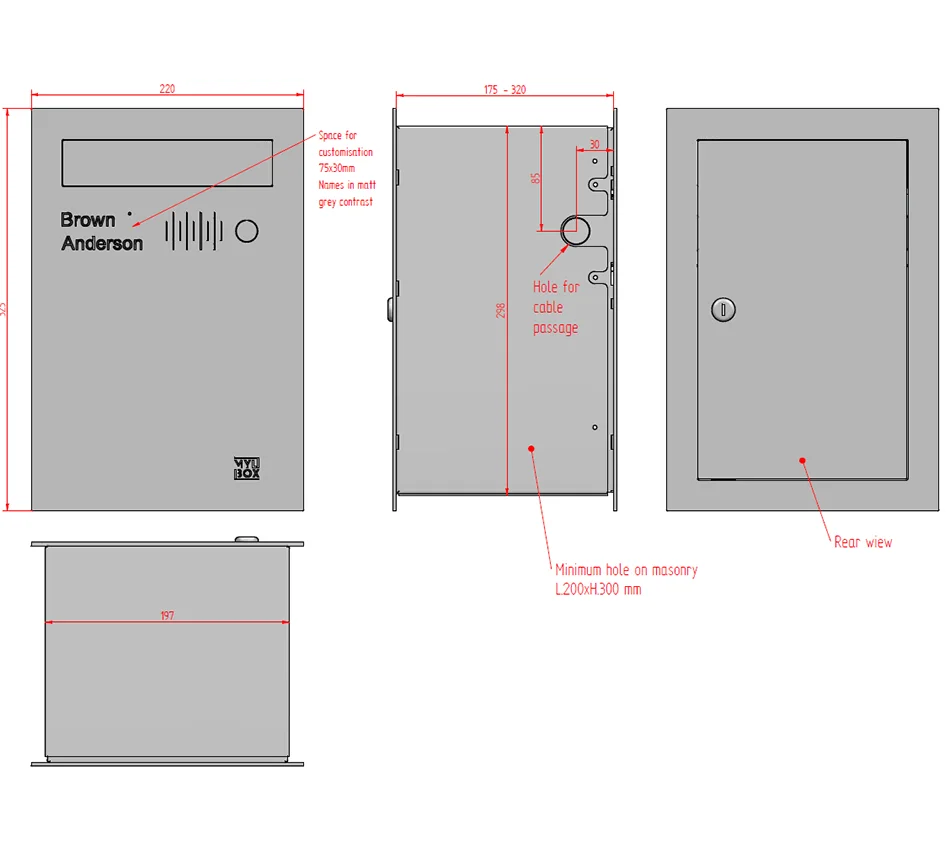 Technical specifications and dimensions of the Santiago MA18020 Made in Italy design stainless steel mailbox with intercom, designed by Mylbox.