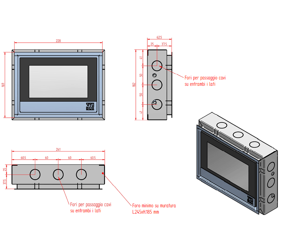 Scheda tecnica con dimensioni e misure monitor per videocitofoni Mylbox incassato a muro con cornice in acciaio inox.