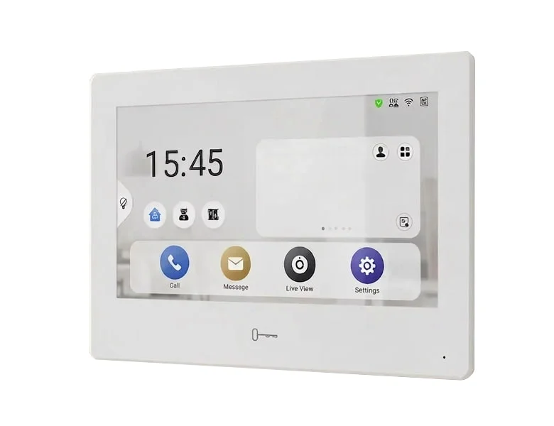 Inquadratura tre quarti schermo Hikvision touchscreen Android da 7” posti interni videocitofono con app dedicate e di terze parti.