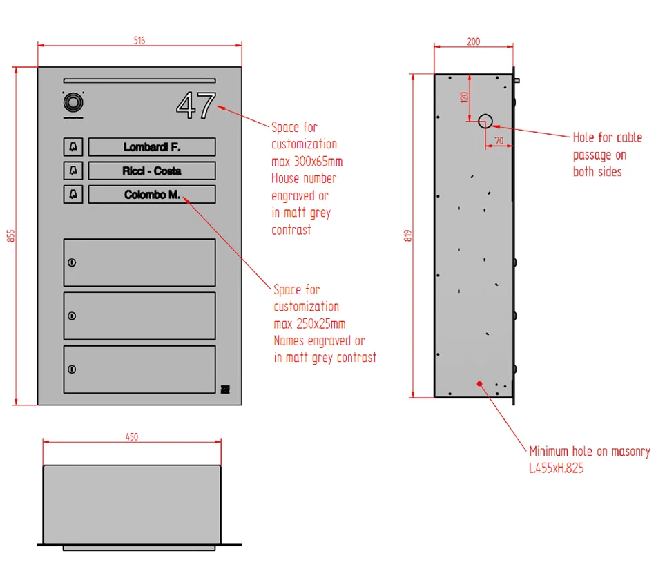 Technical specifications and dimensions for the Mylbox design stainless steel communal mailbox, available for recessed or surface-mounted installation, featuring an integrated video intercom for three users, model Tadao MA18210.