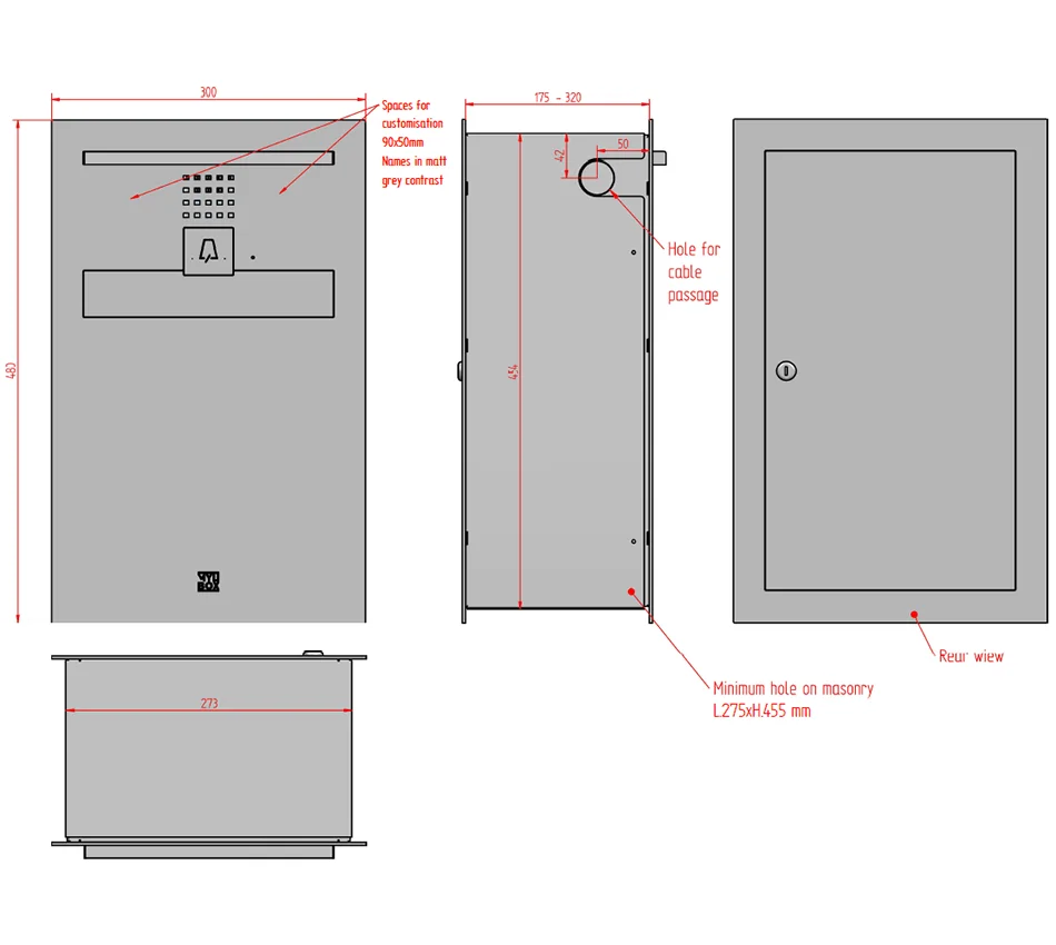 Technical specifications and dimensions for the Mylbox modern stainless steel mailbox with rear opening, model Toyo MA18420, featuring a doorbell and lighting.