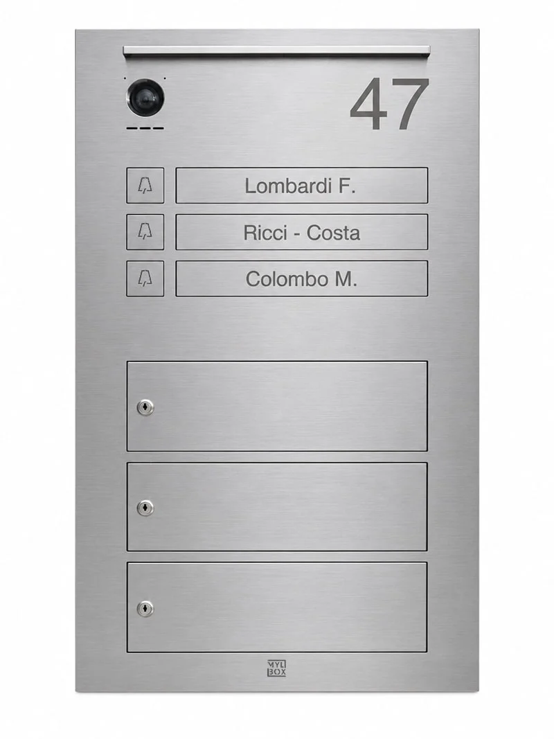 Design communal mailbox unit with LED lighting and a video intercom system for 3 apartments, model Tadao MA18210, crafted from stainless steel by Mylbox.