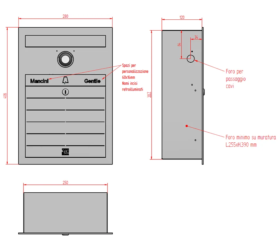 Scheda tecnica e misure cassetta postale inox di design con videocitofono Gehry MA17710 di Mylbox.