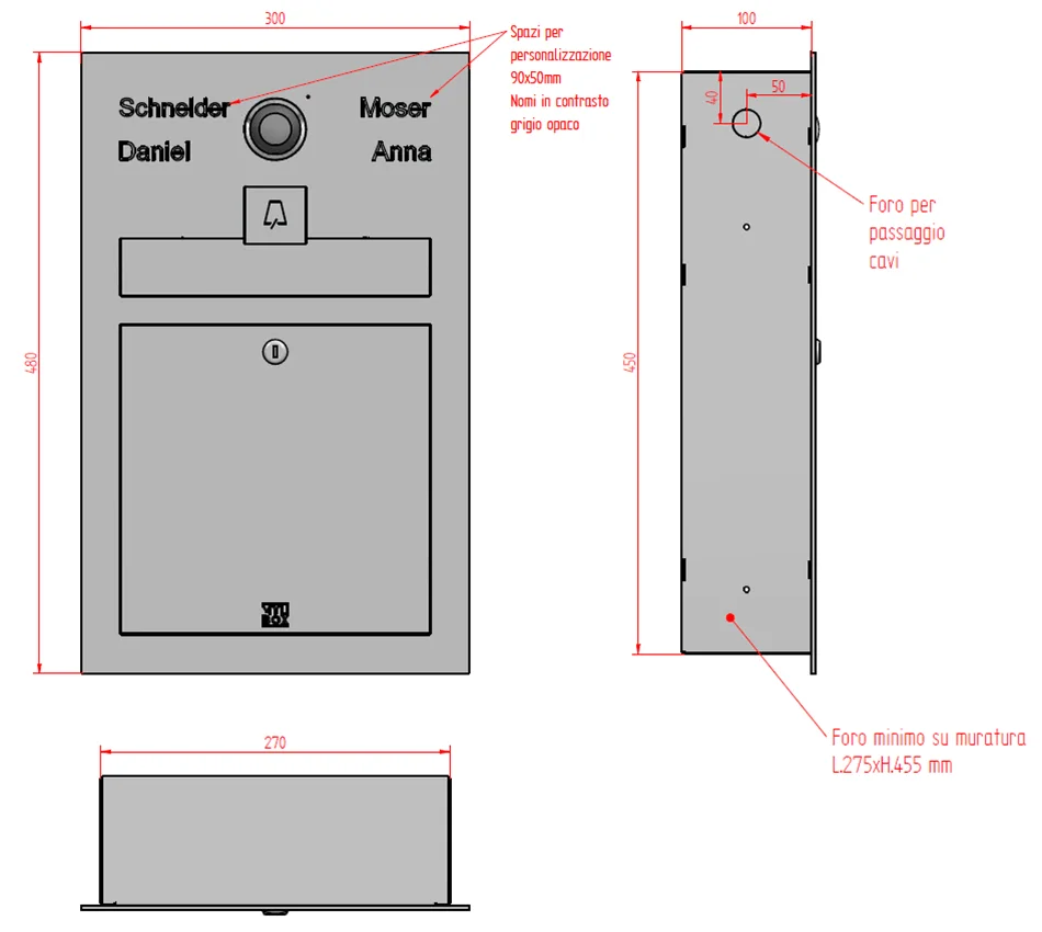 Scheda tecnica e dimensioni cassetta postale inox di design con videocitofono Loos MA17510 Mylbox.