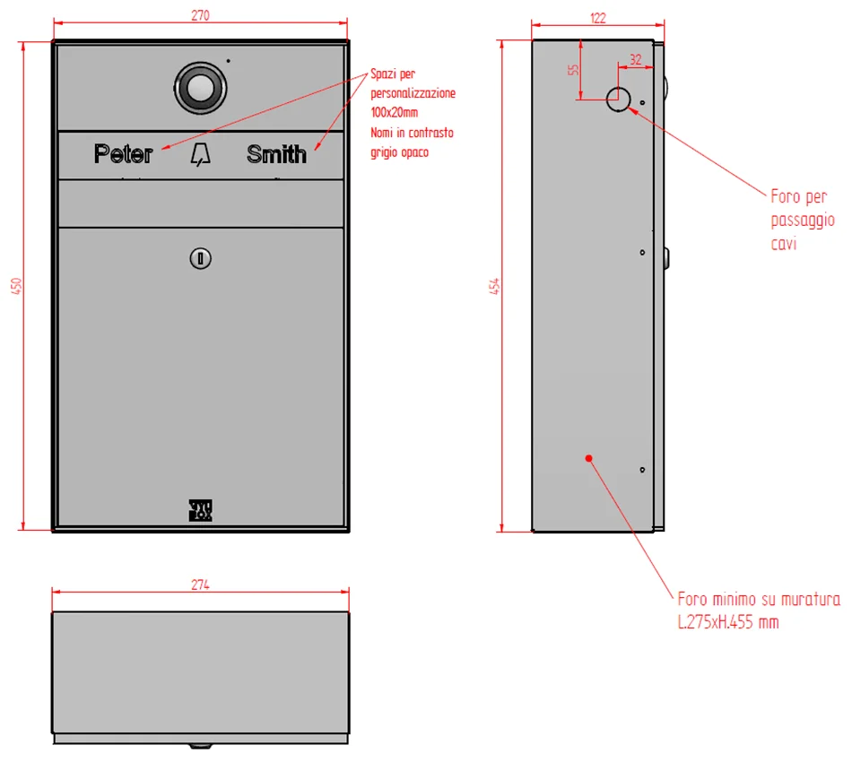 Scheda tecnica e misure cassetta postale inox di design con videocitofono Nouvel MA17610 di Mylbox.