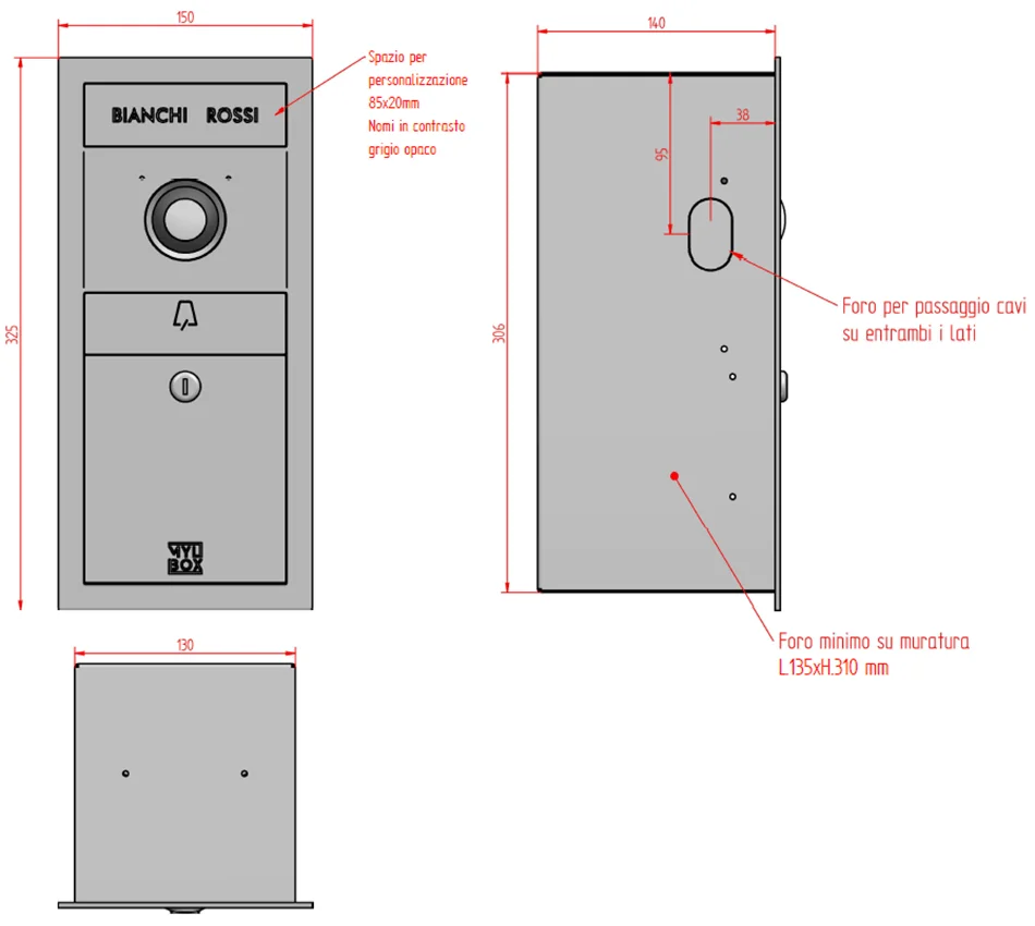 Scheda tecnica e misure cassetta postale inox di design con videocitofono compatto Ole MA18910 Mylbox.