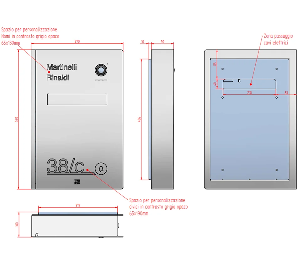 Scheda tecnica e misure cassetta postale Mylbox da esterno con videocitofono Hikvision, modello particolare Philippe MA18310.