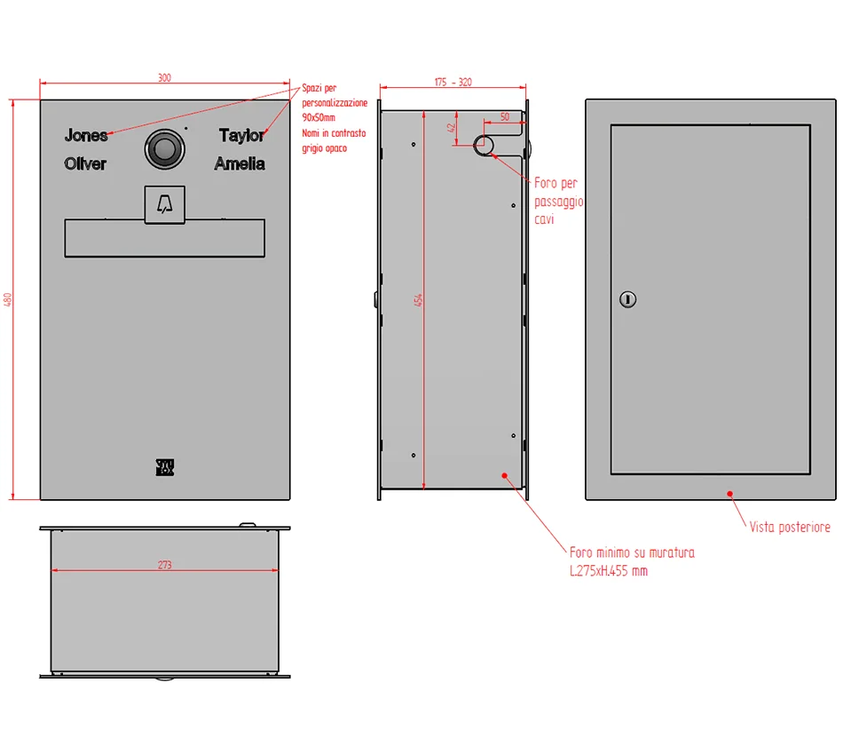 Scheda tecnica e dimensioni cassetta postale inox di design con videocitofono Piano MA17520 di Mylbox.