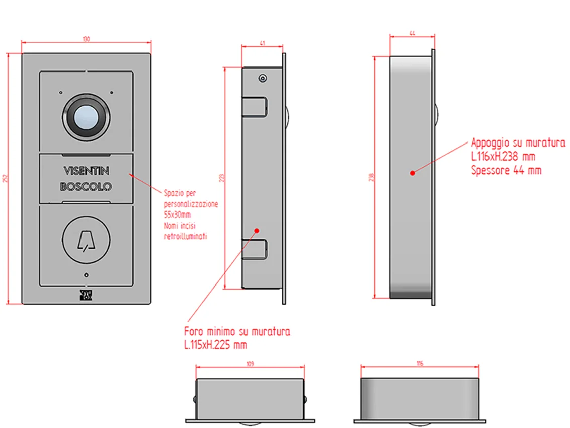 Scheda tecnica e dimensioni videocitofono di design Mylbox in acciaio inox Saarinen MA17910 e MA17920.