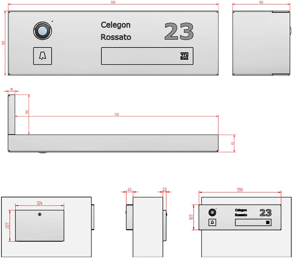 Scheda tecnica e misure cassetta postale inox dal design orizzontale con videocitofono Thomas MA18510 di Mylbox.