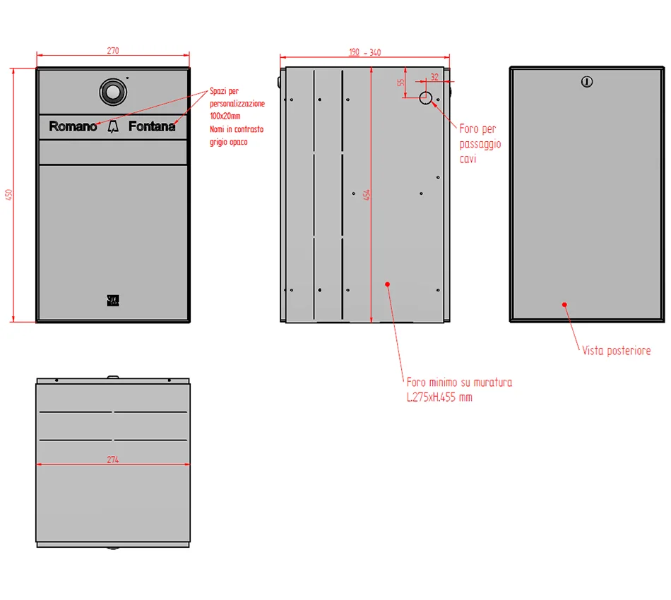 Scheda tecnica e dimensioni cassetta postale inox di design con videocitofono Mylbox Zaha MA17620.