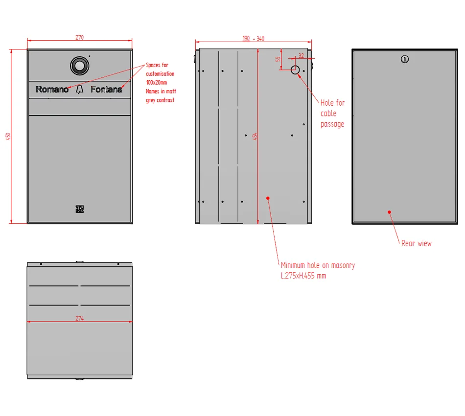 Technical specifications and dimensions of the Mylbox Zaha MA17620 design stainless steel mailbox with video intercom.